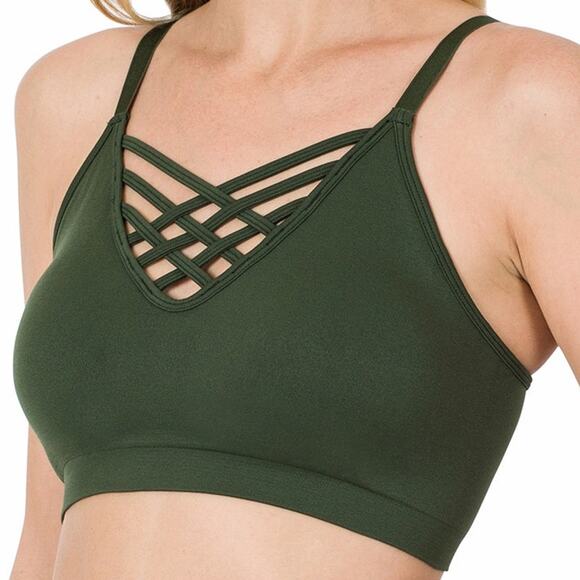 1X/2X Army Green Front V Lattice Bralette + bra padding adjustable straps Zenana - Picture 15 of 15